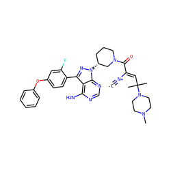 [C-]#[N+]/C(=C\C(C)(C)N1CCN(C)CC1)C(=O)N1CCC[C@@H](n2nc(-c3ccc(Oc4ccccc4)cc3F)c3c(N)ncnc32)C1 ZINC000261083581