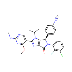 [C-]#[N+]c1ccc([C@@H]2c3c(nc(-c4cnc(NC)nc4OC)n3C(C)C)C(=O)N2c2cccc(Cl)c2F)cc1 ZINC000169705465