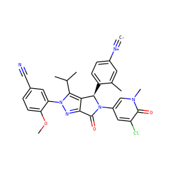 [C-]#[N+]c1ccc([C@@H]2c3c(nn(-c4cc(C#N)ccc4OC)c3C(C)C)C(=O)N2c2cc(Cl)c(=O)n(C)c2)c(C)c1 ZINC000230576404