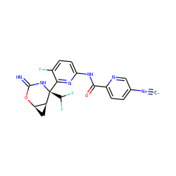 [C-]#[N+]c1ccc(C(=O)Nc2ccc(F)c([C@@]3(C(F)F)NC(=N)O[C@@H]4C[C@@H]43)n2)nc1 ZINC000473213500