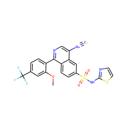 [C-]#[N+]c1cnc(-c2ccc(C(F)(F)F)cc2OC)c2ccc(S(=O)(=O)Nc3nccs3)cc12 ZINC000261095763
