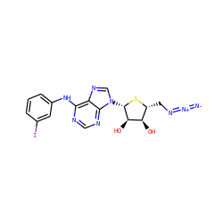 [N-]=[N+]=NC[C@H]1S[C@@H](n2cnc3c(Nc4cccc(I)c4)ncnc32)[C@H](O)[C@@H]1O ZINC000095607756