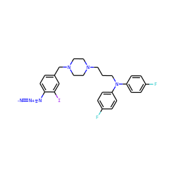 [N-]=[N+]=Nc1ccc(CN2CCN(CCCN(c3ccc(F)cc3)c3ccc(F)cc3)CC2)cc1I ZINC000028637122
