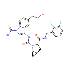 [NH]C(=O)n1cc(NC(=O)N2[C@H](C(=O)NCc3cccc(Cl)c3F)C[C@H]3C[C@H]32)c2cc(CCO)ccc21 ZINC000473164893