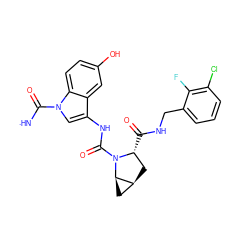 [NH]C(=O)n1cc(NC(=O)N2[C@H](C(=O)NCc3cccc(Cl)c3F)C[C@H]3C[C@H]32)c2cc(O)ccc21 ZINC000473165293