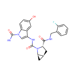 [NH]C(=O)n1cc(NC(=O)N2[C@H](C(=O)NCc3ccccc3F)C[C@H]3C[C@H]32)c2cc(O)ccc21 ZINC000473165006