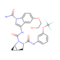 [NH]C(=O)n1cc(NC(=O)N2[C@H](C(=O)Nc3cccc(OC(F)(F)F)c3)C[C@H]3C[C@H]32)c2cc(OCCO)ccc21 ZINC000473165211