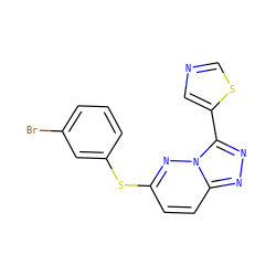 Brc1cccc(Sc2ccc3nnc(-c4cncs4)n3n2)c1 ZINC000095605334