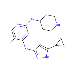 Brc1cnc(NC2CCNCC2)nc1Nc1cc(C2CC2)[nH]n1 ZINC000203005367