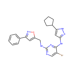 Brc1cnc(NCc2cc(-c3ccccc3)no2)nc1Nc1cc(C2CCCC2)[nH]n1 ZINC000203008677