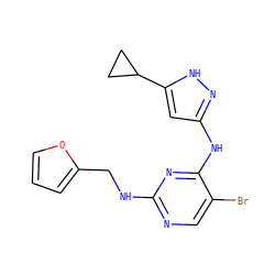 Brc1cnc(NCc2ccco2)nc1Nc1cc(C2CC2)[nH]n1 ZINC000203007547