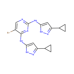 Brc1cnc(Nc2cc(C3CC3)n[nH]2)nc1Nc1cc(C2CC2)n[nH]1 ZINC000140304437