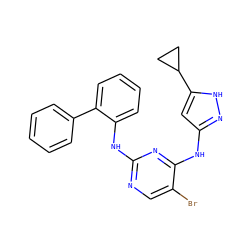 Brc1cnc(Nc2ccccc2-c2ccccc2)nc1Nc1cc(C2CC2)[nH]n1 ZINC000203007532