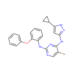 Brc1cnc(Nc2ccccc2Oc2ccccc2)nc1Nc1cc(C2CC2)[nH]n1 ZINC000203008811