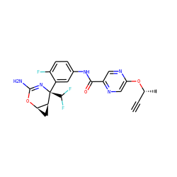 C#C[C@@H](C)Oc1cnc(C(=O)Nc2ccc(F)c([C@@]3(C(F)F)N=C(N)O[C@@H]4C[C@@H]43)c2)cn1 ZINC000226075589