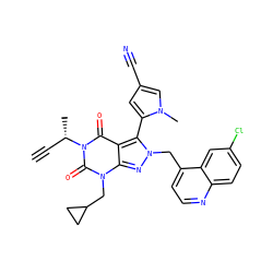 C#C[C@H](C)n1c(=O)c2c(-c3cc(C#N)cn3C)n(Cc3ccnc4ccc(Cl)cc34)nc2n(CC2CC2)c1=O ZINC000084741574