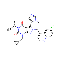 C#C[C@H](C)n1c(=O)c2c(-c3cncn3C)n(Cc3ccnc4ccc(Cl)cc34)nc2n(CC2CC2)c1=O ZINC000084740442