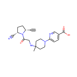 C#C[C@H]1CC[C@@H](C#N)N1C(=O)CNC1(C)CCN(c2ccc(C(=O)O)cn2)CC1 ZINC000014950343