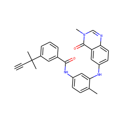 C#CC(C)(C)c1cccc(C(=O)Nc2ccc(C)c(Nc3ccc4ncn(C)c(=O)c4c3)c2)c1 ZINC000035971726