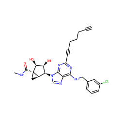 C#CCCCC#Cc1nc(NCc2cccc(Cl)c2)c2ncn([C@@H]3[C@H](O)[C@H](O)[C@]4(C(=O)NC)C[C@H]34)c2n1 ZINC000049762011