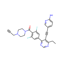 C#CCN1CCN(C(=O)c2c(F)cc(-c3ncnc(CC)c3C#Cc3ccc(N)nc3)cc2F)CC1 ZINC000167417328