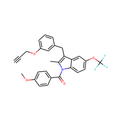 C#CCOc1cccc(Cc2c(C)n(C(=O)c3ccc(OC)cc3)c3ccc(OC(F)(F)F)cc23)c1 ZINC000028477287