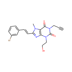 C#CCn1c(=O)c2c(nc(/C=C/c3cccc(Br)c3)n2C)n(CCO)c1=O ZINC000013804952