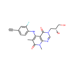C#Cc1ccc(Nc2c(C)c(=O)n(C)c3ncn(C[C@@H](O)CO)c(=O)c23)c(F)c1 ZINC000096167557