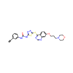 C#Cc1cccc(NC(=O)Nc2nnc(Sc3ncnc4cc(OCCCN5CCOCC5)ccc34)s2)c1 ZINC000084759347