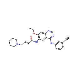 C#Cc1cccc(Nc2ncnc3cc(OCC)c(NC(=O)/C=C/CN4CCCCC4)cc23)c1 ZINC000145468151