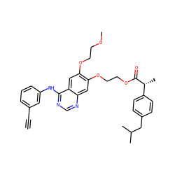 C#Cc1cccc(Nc2ncnc3cc(OCCOC(=O)[C@H](C)c4ccc(CC(C)C)cc4)c(OCCOC)cc23)c1 ZINC000205433252