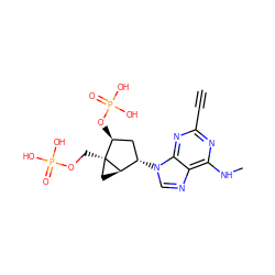 C#Cc1nc(NC)c2ncn([C@H]3C[C@H](OP(=O)(O)O)[C@]4(COP(=O)(O)O)C[C@H]34)c2n1 ZINC000028701608
