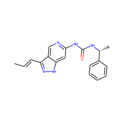 C/C=C/c1n[nH]c2cc(NC(=O)N[C@H](C)c3ccccc3)ncc12 ZINC000205425403