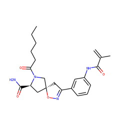 C=C(C)C(=O)Nc1cccc(C2=NO[C@@]3(C2)C[C@@H](C(N)=O)N(C(=O)CCCCC)C3)c1 ZINC000013478705
