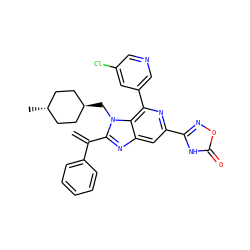 C=C(c1ccccc1)c1nc2cc(-c3noc(=O)[nH]3)nc(-c3cncc(Cl)c3)c2n1C[C@H]1CC[C@H](C)CC1 ZINC000261186375