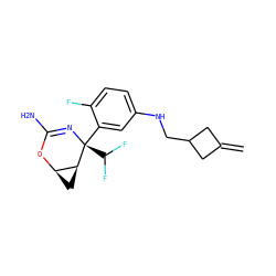 C=C1CC(CNc2ccc(F)c([C@@]3(C(F)F)N=C(N)O[C@@H]4C[C@@H]43)c2)C1 ZINC000220654625