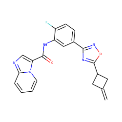 C=C1CC(c2nc(-c3ccc(F)c(NC(=O)c4cnc5ccccn45)c3)no2)C1 ZINC000217877636