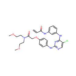 C=CC(=O)Nc1cccc(Nc2nc(Nc3ccc(OCC(=O)N(CCOC)CCOC)cc3)ncc2Cl)c1 ZINC001772634684