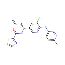 C=CC[C@@H](NC(=O)c1nccs1)c1cnc(Nc2ccc(C)nc2)c(Cl)c1 ZINC000473109522