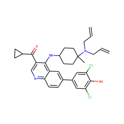 C=CCN(CC=C)C1(C)CCC(Nc2c(C(=O)C3CC3)cnc3ccc(-c4cc(Cl)c(O)c(Cl)c4)cc23)CC1 ZINC000114038805