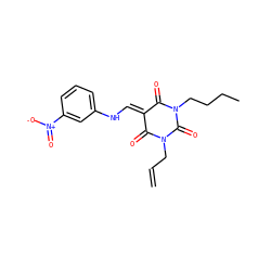 C=CCN1C(=O)/C(=C\Nc2cccc([N+](=O)[O-])c2)C(=O)N(CCCC)C1=O ZINC000004419670