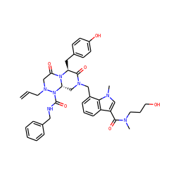 C=CCN1CC(=O)N2[C@@H](Cc3ccc(O)cc3)C(=O)N(Cc3cccc4c(C(=O)N(C)CCCO)cn(C)c34)C[C@@H]2N1C(=O)NCc1ccccc1 ZINC000217543621