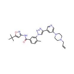 C=CCN1CCN(c2cncc(-c3cn(-c4cc(C(=O)Nc5cc(C(C)(C)C)on5)ccc4C)nn3)c2)CC1 ZINC000199366445
