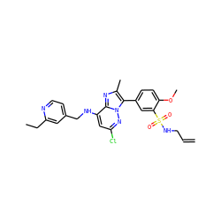 C=CCNS(=O)(=O)c1cc(-c2c(C)nc3c(NCc4ccnc(CC)c4)cc(Cl)nn23)ccc1OC ZINC001772593218