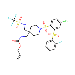 C=CCOC(=O)NCC1(CNS(=O)(=O)C(F)(F)F)CCN(S(=O)(=O)c2ccc(Cl)cc2S(=O)(=O)c2ccccc2F)CC1 ZINC000049756984