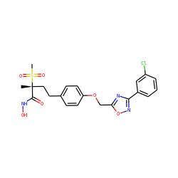 C[C@@](CCc1ccc(OCc2nc(-c3cccc(Cl)c3)no2)cc1)(C(=O)NO)S(C)(=O)=O ZINC000169686562