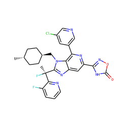 C[C@@](F)(c1ncccc1F)c1nc2cc(-c3noc(=O)[nH]3)nc(-c3cncc(Cl)c3)c2n1C[C@H]1CC[C@H](C)CC1 ZINC000261138896