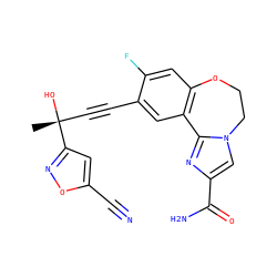 C[C@@](O)(C#Cc1cc2c(cc1F)OCCn1cc(C(N)=O)nc1-2)c1cc(C#N)on1 ZINC000215749832