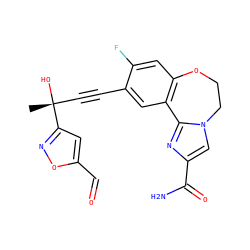 C[C@@](O)(C#Cc1cc2c(cc1F)OCCn1cc(C(N)=O)nc1-2)c1cc(C=O)on1 ZINC000215749955