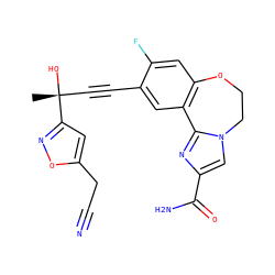 C[C@@](O)(C#Cc1cc2c(cc1F)OCCn1cc(C(N)=O)nc1-2)c1cc(CC#N)on1 ZINC000219415241